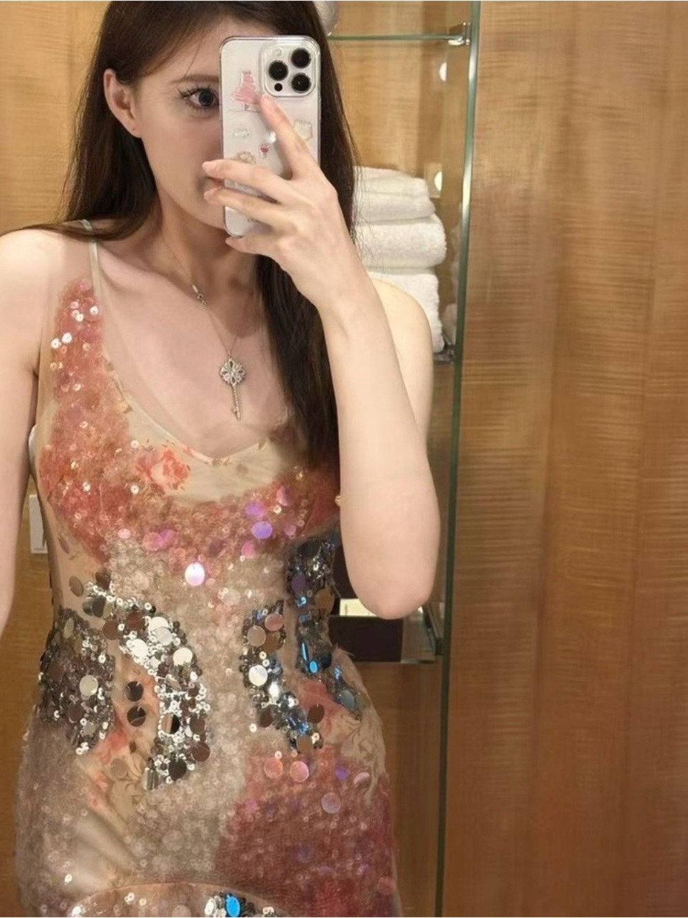 Vintage Sequin Mesh Sheer Slip Dress in Nude with Iridescent Discs - Picture 5 of 6
